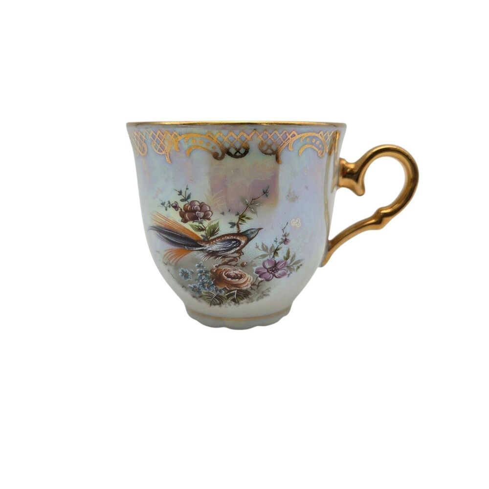 Czecho Opalescent Porcelain Tea Cup Saucer Set Bird Flowers Lusterware Vintage
